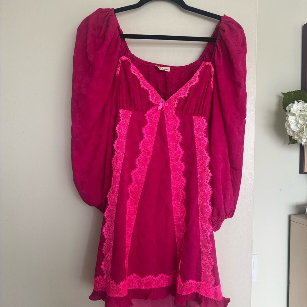 For Love and Lemons Magenta Dress with Neon Lace